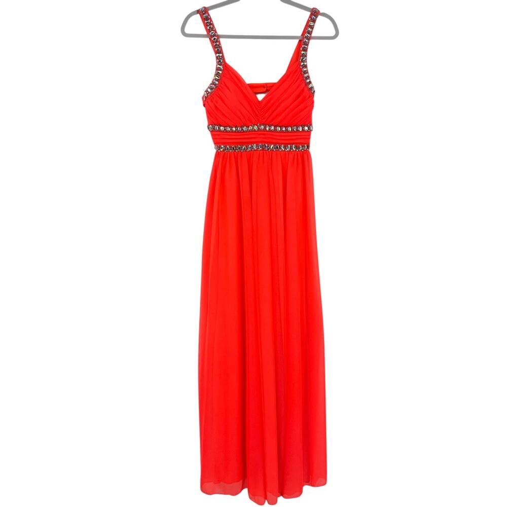 Sequin Hearts Y2K Rhinestone Dress Sz 5 Coral Prom Pageant Glam Maxi HOCO Jewel